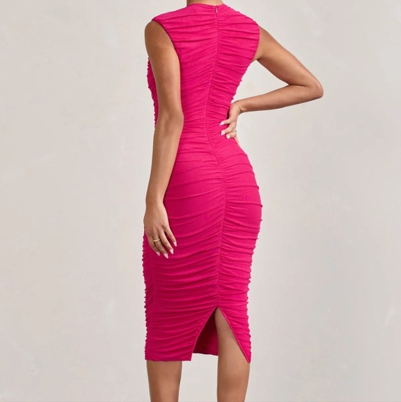 NWOT CLUB L London Alight Fuchsia Pink Ruched Mess Sleeveless Body Con Dress 0 - Picture 2 of 10